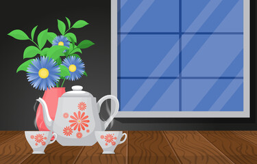 Cups of Hot Tea on Wooden Table with Flower Vase Window Illustration