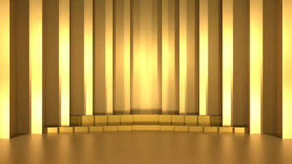 product display or showcase pedestal on gold background product template. 3D rendering
