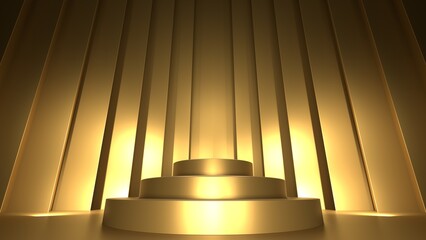 Wide angle product display or showcase pedestal on gold background product template. 3D rendering