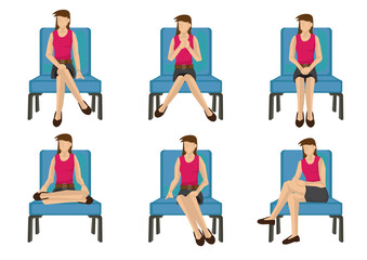 Set of full length casual woman in various sitting positions isolated on white background.