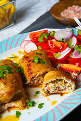 Vegetable roulade from roast  pork loins with salads