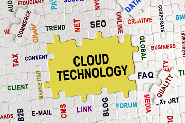 Puzzle with economic captions, in the center the inscription -CLOUD TECHNOLOGY