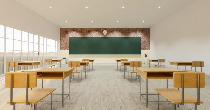 Classroom background. Room interior in school and empty board, blackboard or chalkboard, furniture, desk, table, wood floor. For teacher, student to teach, learn, seminar, meeting, training. 3d render