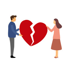 Broken heart concept vector illustration. Sad man and woman holding red broken heart pieces.