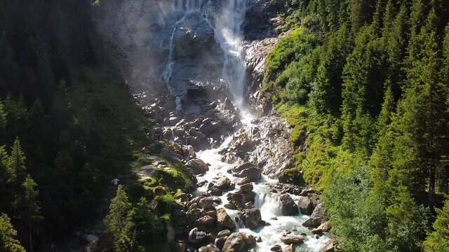 Drone shot over Grawa water cascade observatorium in Stubaital, Tirol, Austria.