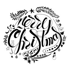 Merry Christmas hand drawn lettering with ornaments doodle for decoration.
