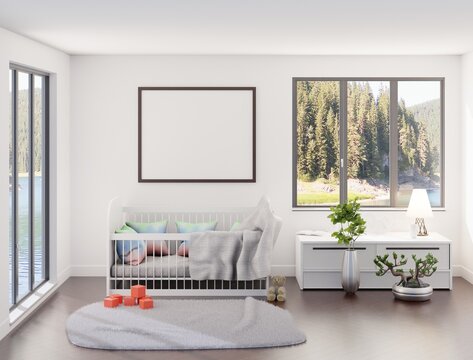 Interior of the children's room with panoramic windows, crib, and toys on the floor. An empty frame on a wall. 3D rendering.
