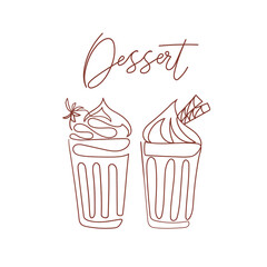 Abstract drawing with desserts in glasses. Print art