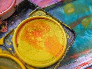 Close-up of old watercolor paint