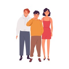 Group of smiling teenagers standing together vector flat illustration. Happy girl and guys hugging enjoying friendship isolated on white. Joyful people or students embracing each other