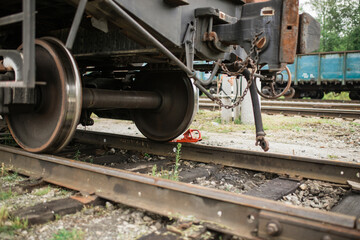 Train wheel. Railway. Close up view of the wheels of the train.