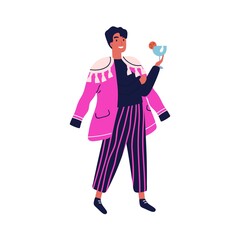 Smiling male in colorful costume holding cocktail vector flat illustration. Happy funny guy in bright apparel standing with bocal at theme party isolated. Man at masquerade with alcohol beverage