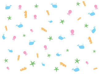 Seamless sea cute pattern with squid, starfish, seahorse and whale, summer pattern vector