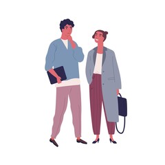 Pensive guy and smiling girl in stylish outfit stand together vector flat illustration. Business people carry briefcase and folder isolated on white. Trendy couple entrepreneurs or office workers