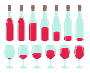Bottle drinking process. Different amount of beverage. Set of glasses with red drink. Small to large. Animation progression preloader stages vector infographic.