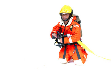 A portrait of Asian male firefighter in red protective uniform, mask and helmet with fire extinguisher standing on white background.