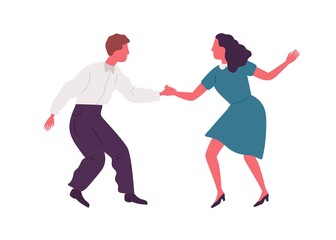 Fototapeta na wymiar Joyful man and woman performing lindy hop dance movement vector flat illustration. Active couple dancing together holding hands isolated on white. Dancers pair at disco, party or school