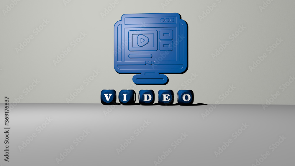 Poster 3d representation of video with icon on the wall and text arranged by metallic cubic letters on a mi