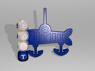 3D representation of BAIT with icon on the wall and text arranged by metallic cubic letters on a mirror floor for concept meaning and slideshow presentation. fishing and illustration