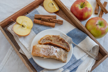 Apple strudel with apples, cinnamon