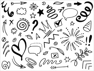 Hand drawn set elements.Abstract arrows, ribbons and other elements in hand drawn style for concept design. Doodle vector illustration