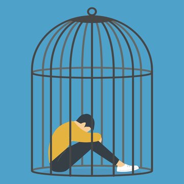 Quarantine lock down, depression and despair, young male character sitting inside a birdcage, domestic violence, vector illustration