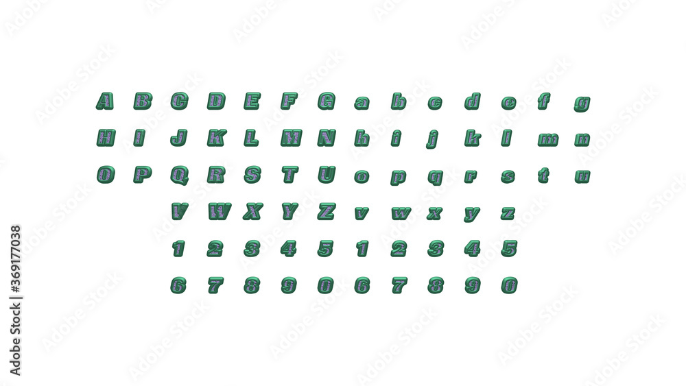 Poster 3d alphabets and numbers with matching perspectives on each side for building words with detailed ca