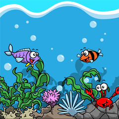 Fototapeta na wymiar Underwater scenery with coral reefs and seaweed, fish and crab greeting and playing together best for preschool kids illustration cartoon vector