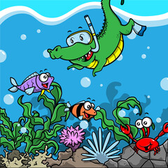 Adorable little Alligator snorkeling and greeting underwater animals with coral reefs and seaweed scenery cartoon vector