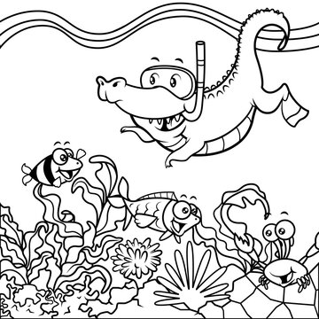 Adorable little Alligator snorkeling and greeting underwater animals with coral reefs and seaweed scenery best for preschool kids coloring book cartoon vector