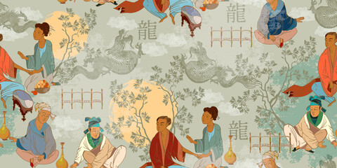 Ancient China seamless pattern. Oriental people and dragons. Tea ceremony. Traditional Chinese paintings. Tradition and culture of Asia. Classic wall drawing. Murals and watercolor asian style - 369177254