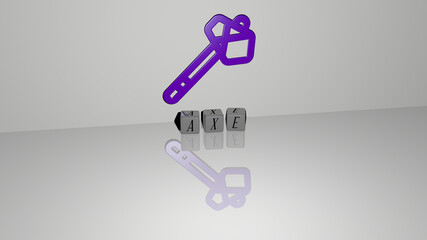 3D representation of AXE with icon on the wall and text arranged by metallic cubic letters on a mirror floor for concept meaning and slideshow presentation. illustration and background