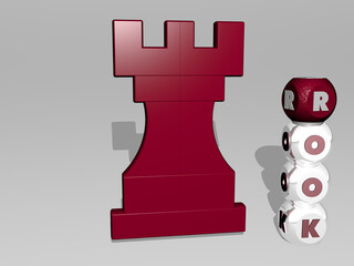 3D graphical image of ROOK vertically along with text built around the icon by metallic cubic letters from the top perspective. excellent for the concept presentation and slideshows. chess and