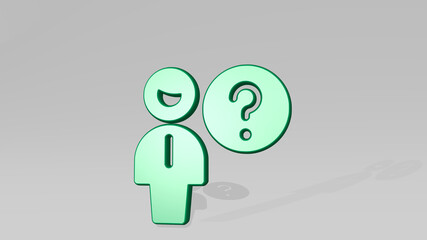 SINGLE MAN QUESTION from a perspective with the shadow. A thick sculpture made of metallic materials of 3D rendering. illustration and background