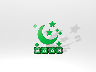 3D graphical image of MOON vertically along with text built by metallic cubic letters from the top perspective, excellent for the concept presentation and slideshows. illustration and background