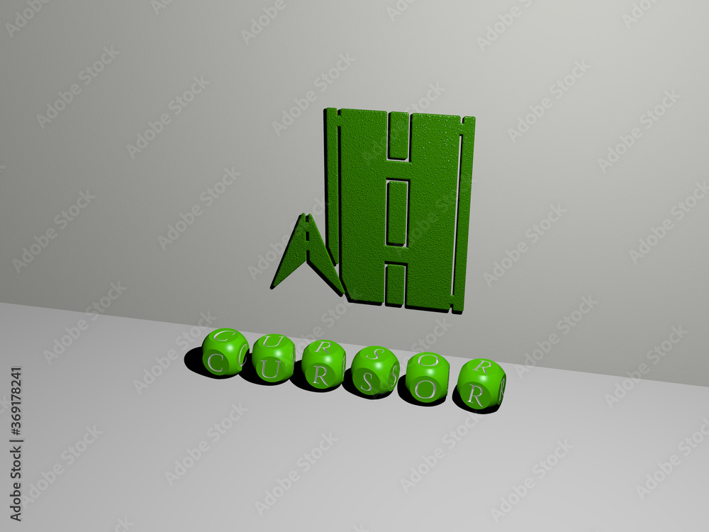 Poster 3d illustration of cursor graphics and text made by metallic dice letters for the related meanings o