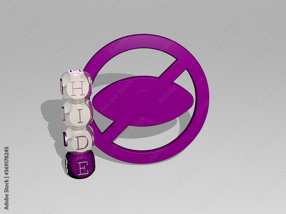 Poster 3d representation of hide with icon on the wall and text arranged by metallic cubic letters on a mir