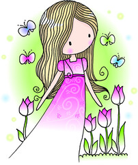 vector cartoon long hair beauty girl in the tulip garden