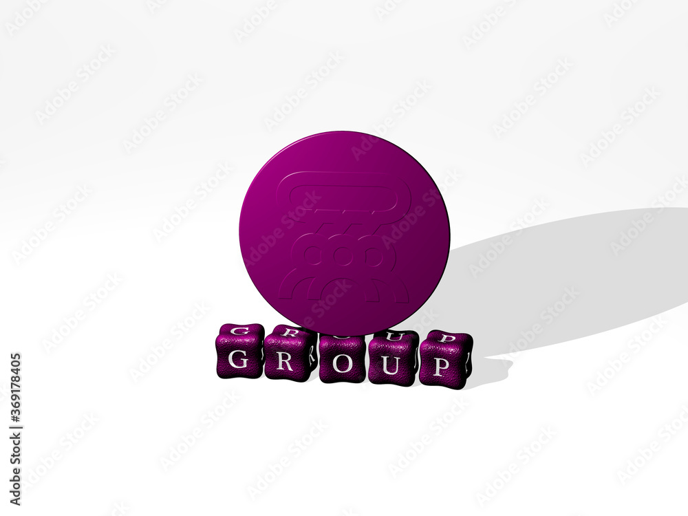 Poster 3d graphical image of group vertically along with text built by metallic cubic letters from the top 
