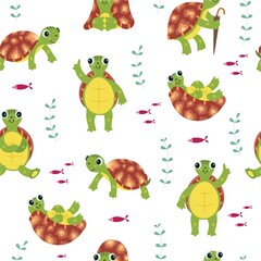 Seamless pattern with cute turtles in cartoon style for fabric, wallpaper and textiles.