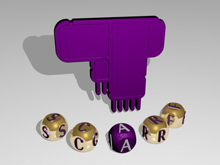 3D representation of scarf with icon on the wall and text arranged by metallic cubic letters on a mirror floor for concept meaning and slideshow presentation. background and illustration