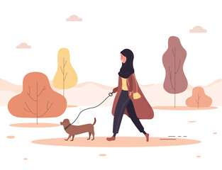 Autumn background. Young arab woman in hijab walks with dog through the woods. Concept happy girl in brown coat with dachshund or poodle. Vector illustration in flat style.