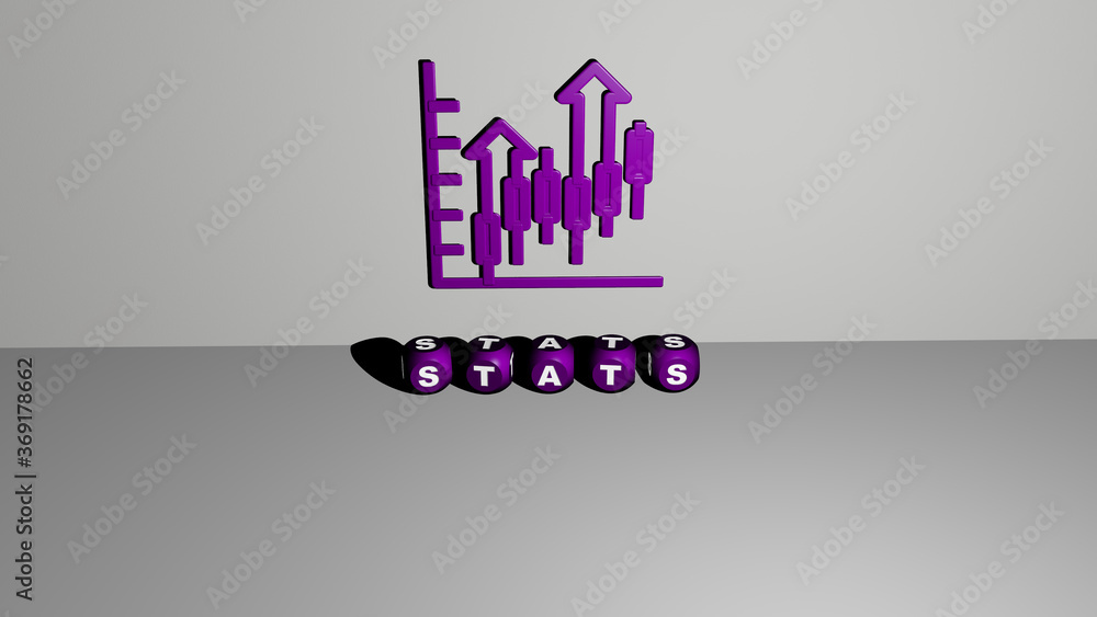 Aufkleber 3d graphical image of stats vertically along with text built by metallic cubic letters from the top 