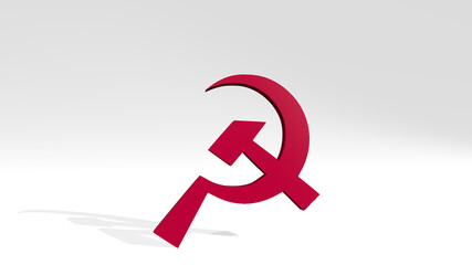 Soviet Union symbol made by 3D illustration of a shiny metallic sculpture on a wall with light background. editorial and russia