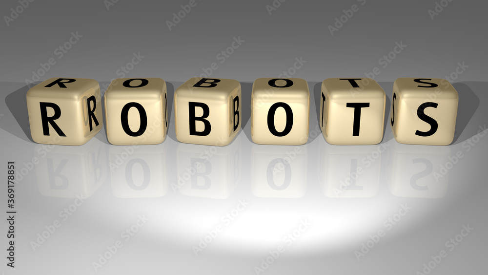 Poster 3d representation of robots with icon on the wall and text arranged by metallic cubic letters on a m
