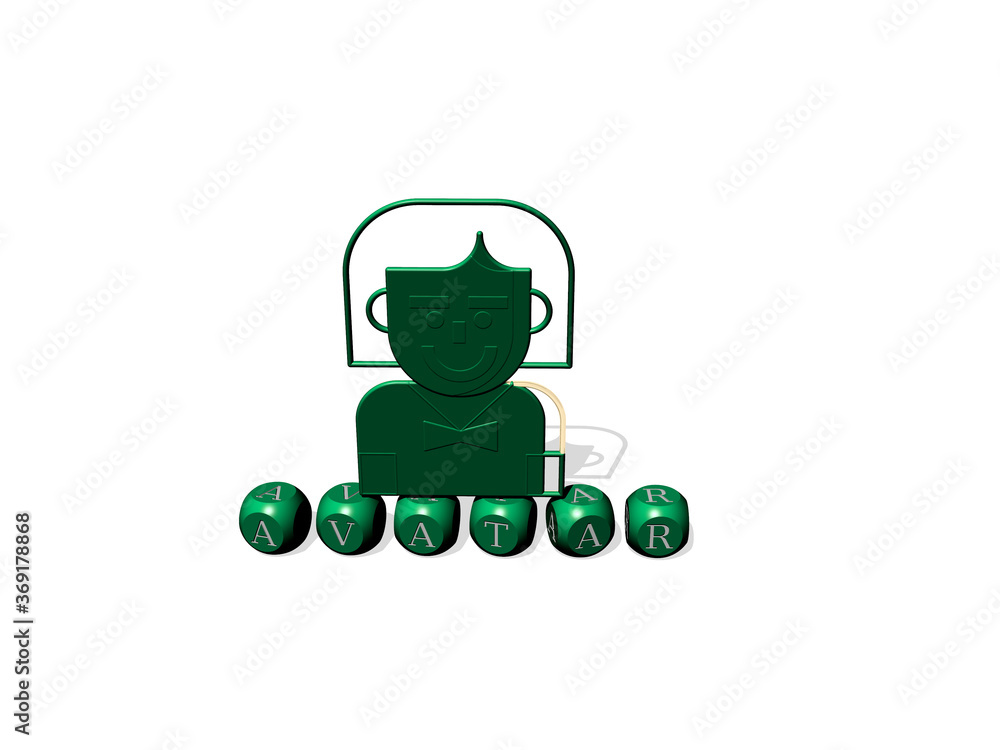 Poster 3d graphical image of avatar vertically along with text built by metallic cubic letters from the top