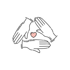 Obraz premium Community care and charity icon - three hands triangle with heart symbol in the middle.