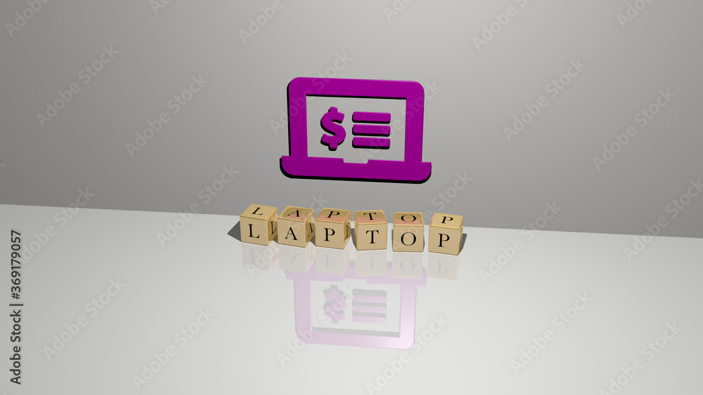 Poster 3d illustration of laptop graphics and text made by metallic dice letters for the related meanings o