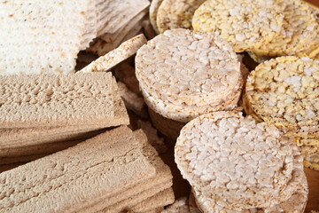Different types of crispbread. Rice cake, Corn Thins, Matzo, Rye Crispbread.