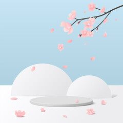 Cylinder white podium mock up in white and blue background with pink sakura flower. product presentation, mock up, scene to show cosmetic product, Podium, stage pedestal or platform. 3d vector